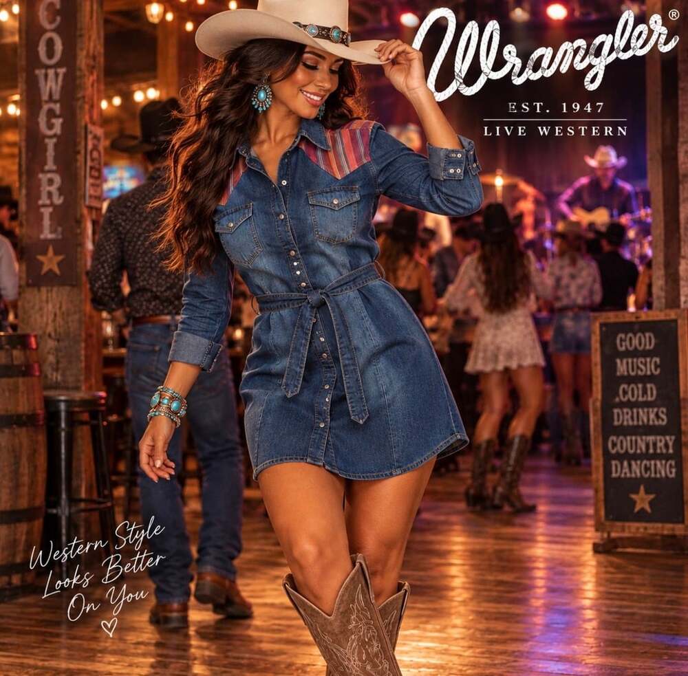 Wrangler Women’s S Western Denim Shirt Dress Serape Yoke Pearl Snap Belted